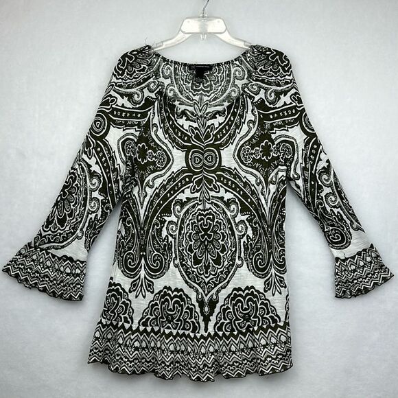 INC Top Womens Dark Green White Geometric Peasant Flowy Ruffle Size Large - Picture 1 of 10